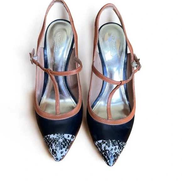 ⭐️ Coach Black Tan Slingback Heels T-Strap with Chunky Heel Size 8B - Picture 14 of 14